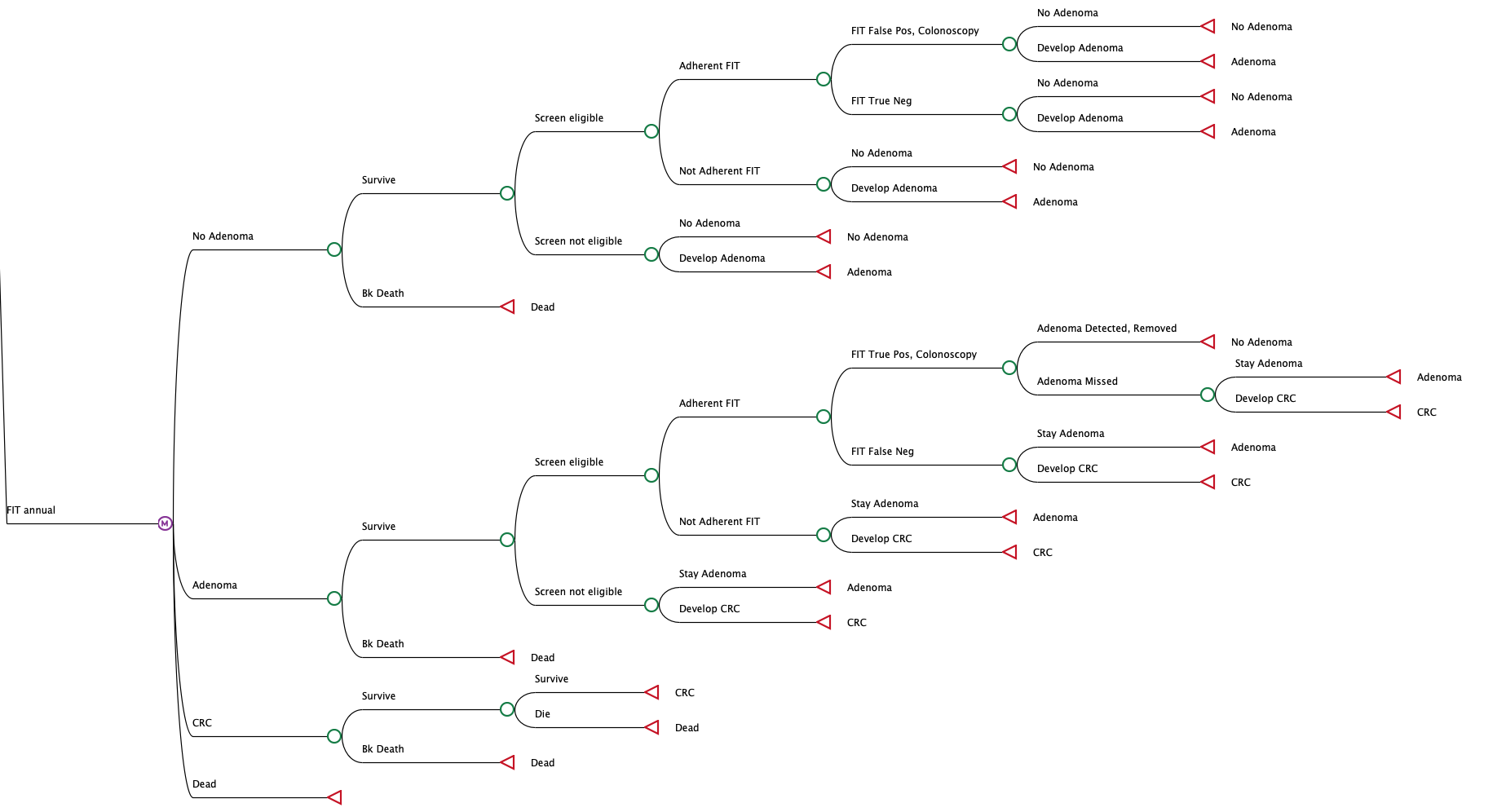 TreeAge Pro Healthcare visual model of colorectal cancer screening, showing Markov health states, FIT screening decisions, diagnostic follow-up, and disease progression.
